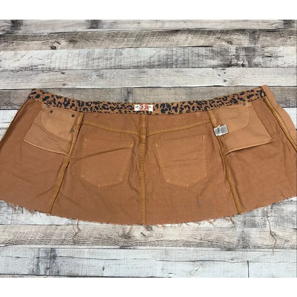 Free People Zip It Up Leopard Print Raw Hem Cotton Denim Mini Skirt Size 28